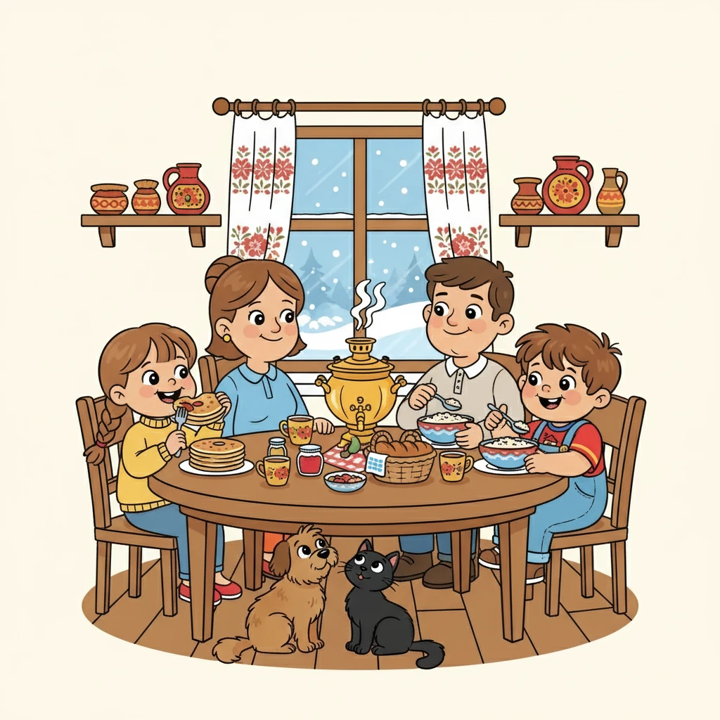 Вся семья собралась за большим столом. Сестра Аня ела блины, а Миша – овсянку. Собака Бим и кошка Мурка сидели рядом, надеясь получить кусочек лакомства.