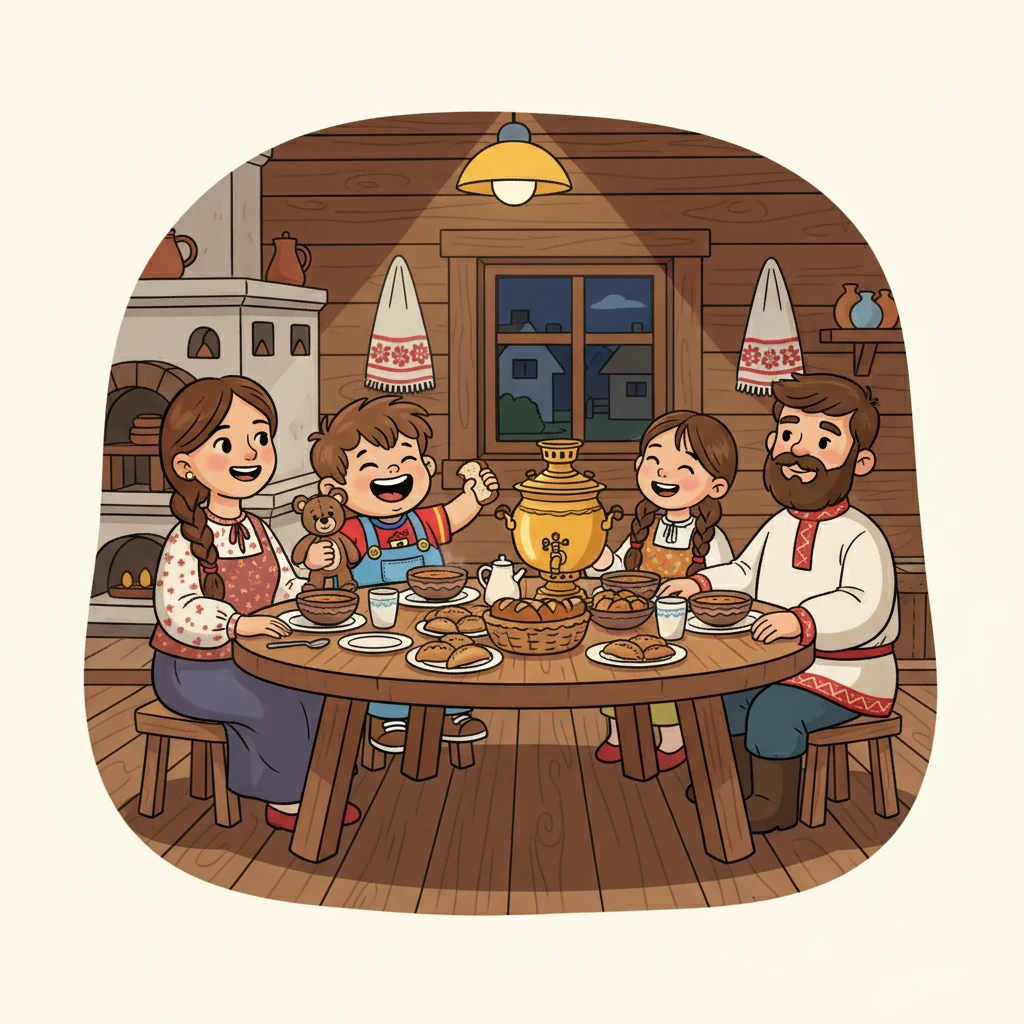 Вечером вся семья собралась за ужином. Они делились впечатлениями за день и смеялись над забавными историями.