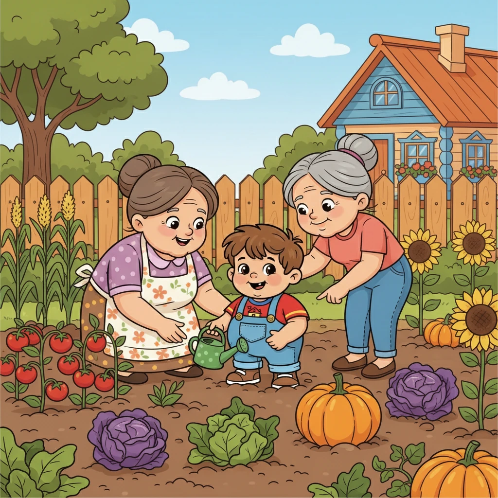 Иногда Миша помогал бабушке и маме в огороде. Они вместе выращивали овощи и фрукты, учились ухаживать за растениями.