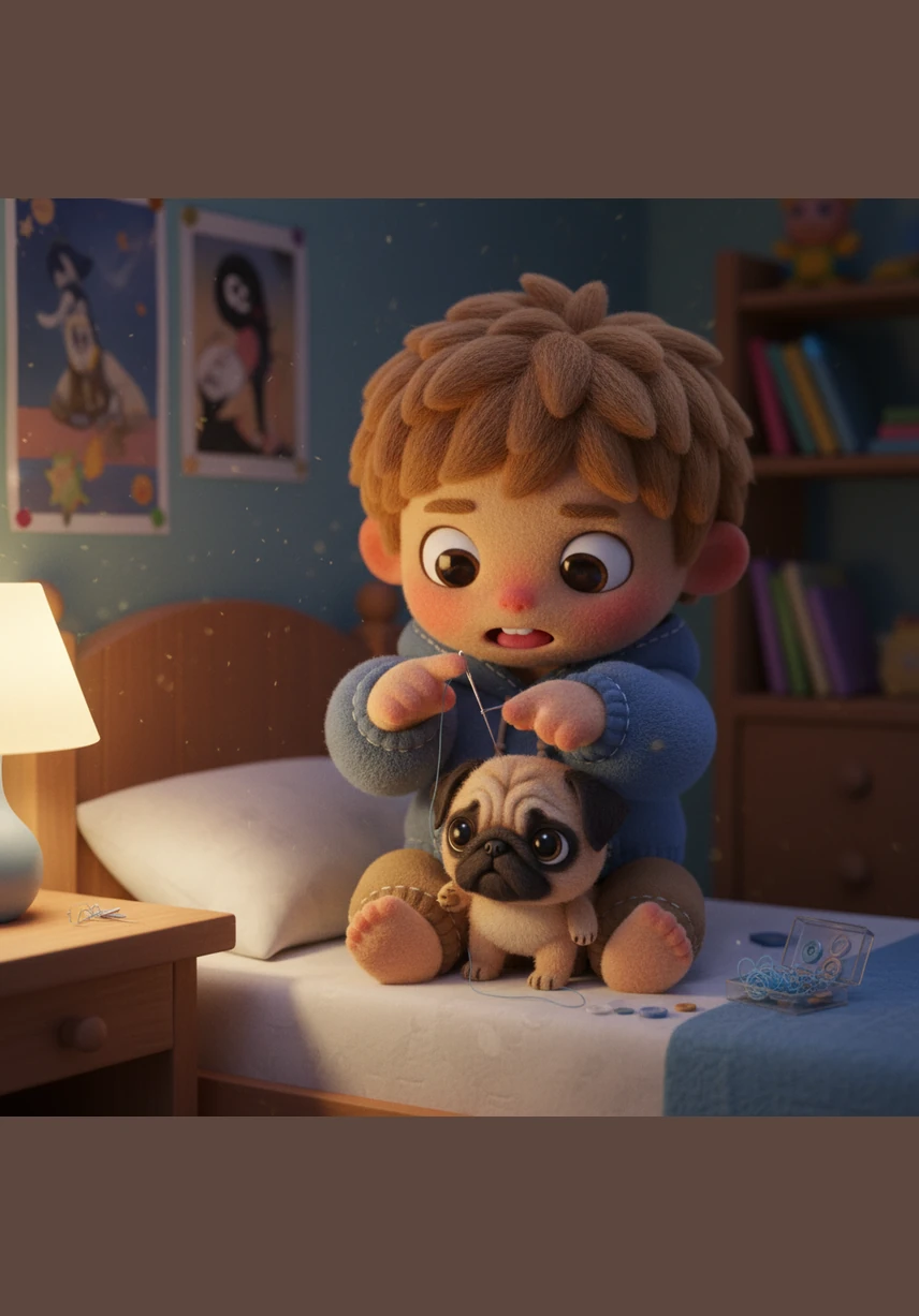 Leo sits upright in bed, eyes wide as a muffled thump-thump-crunch echoes from the ceiling. The moonlight casts long, spooky shadows across his bedroom floor, making his toys look like strange creatures.