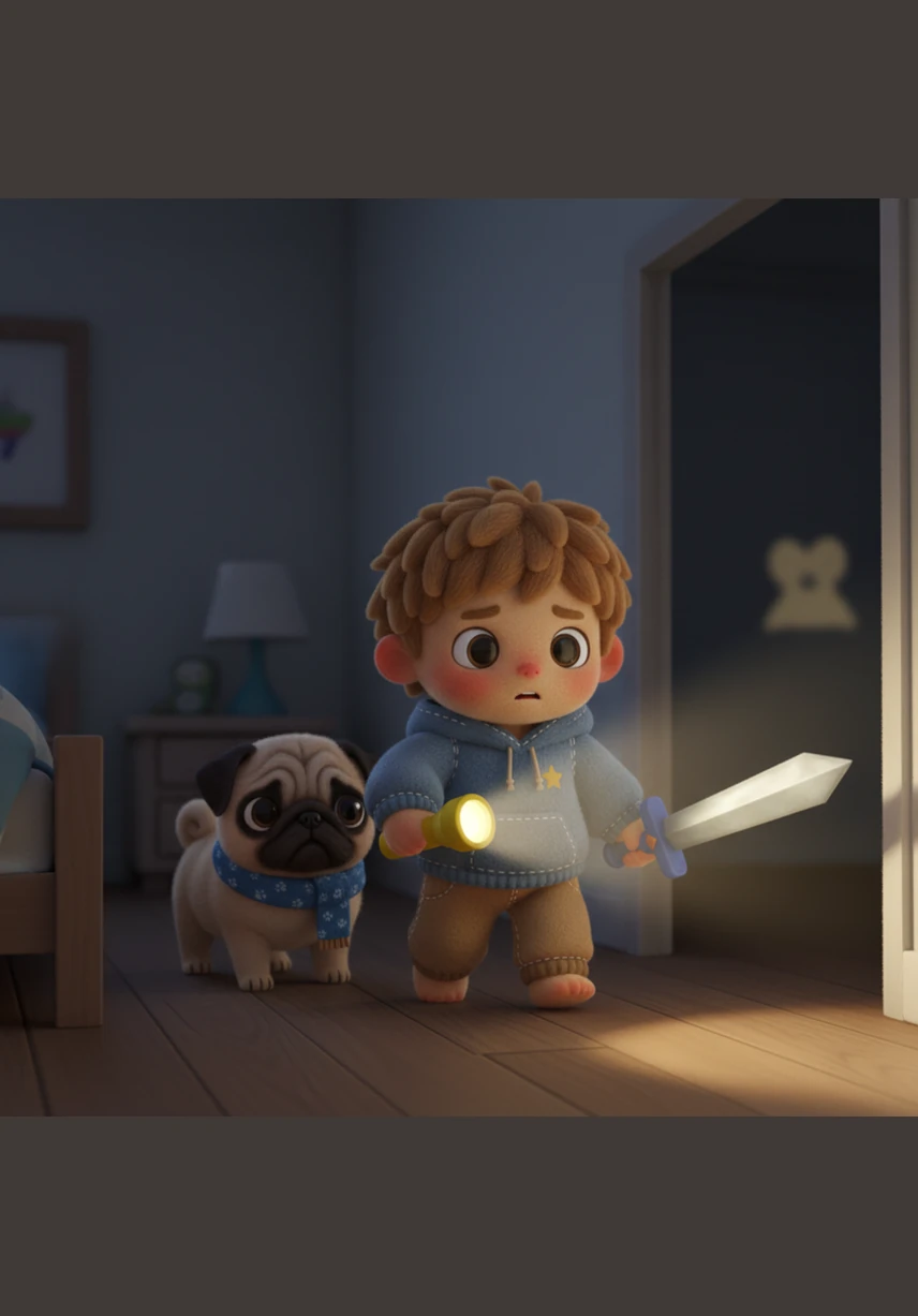 He grabs his trusty yellow flashlight and a plastic sword, feeling like a brave knight ready for a quest. With a deep breath, he tiptoes toward the hallway, his heart beating in sync with the mysterious noise.