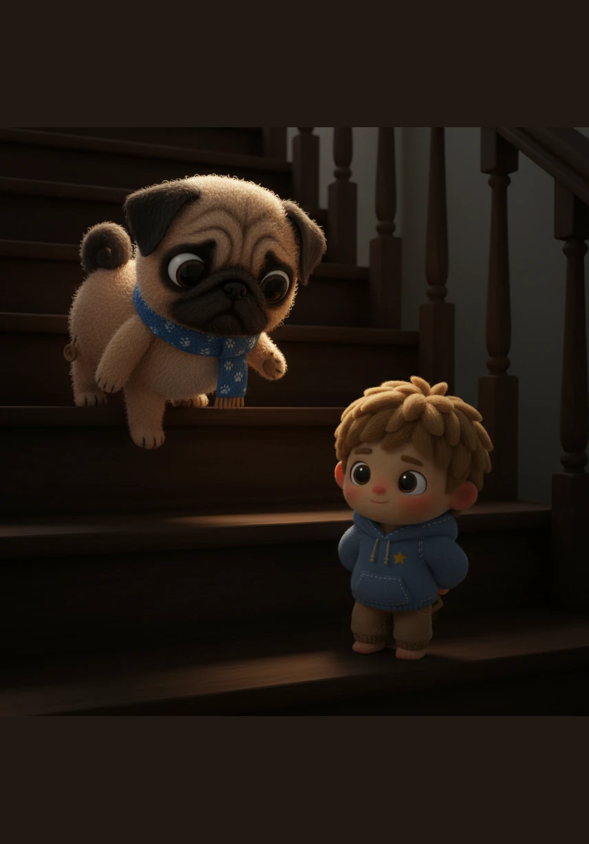 At the top of the stairs, the heavy wooden door is slightly open, spilling a faint, flickering orange glow onto the floor. Leo pauses, hearing a strange, rhythmic scratching sound coming from within the dark room.