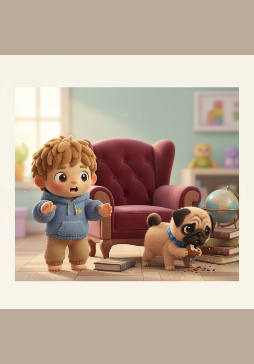 A sudden clatter makes Leo jump, and he sees a stack of old books tumble over in the corner. Something is definitely moving behind the big velvet armchair, and it sounds like it is munching on something crunchy.