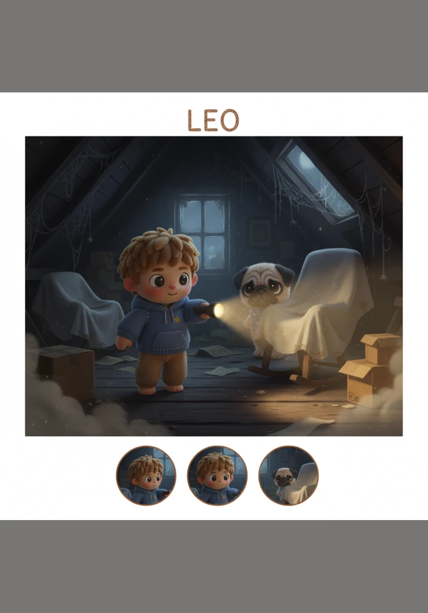 Gulping down his fear, Leo throws the door wide open and clicks his flashlight to its brightest setting. Aha! I’ve got you now, attic monster! he shouts with all his might, brandishing his plastic sword.