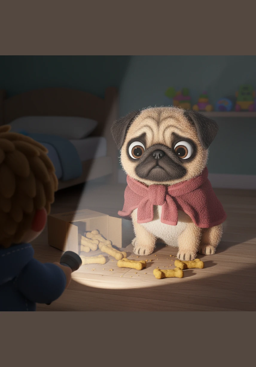 The flashlight beam reveals not a scary monster, but Barnaby the pug, wearing a dusty red towel like a superhero cape. He is sitting in the middle of a pile of spilled biscuits, looking very surprised by the sudden light.