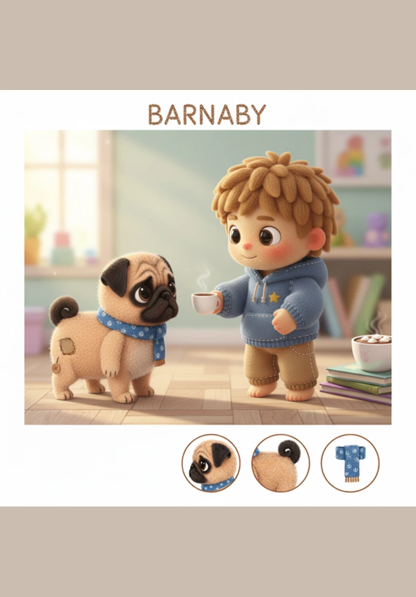 Barnaby has a single cookie hanging from his mouth and crumbs all over his wrinkled face. He wags his curly tail tentatively, realizing his secret midnight snack spot has been discovered by his best friend.