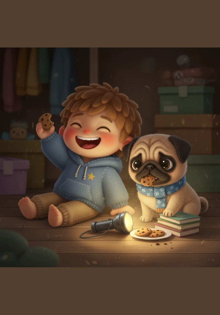 Leo bursts into giggles and sits down on the dusty floor beside his silly superhero dog. Together, they share the last few cookies under the soft glow of the flashlight, making it their best secret adventure yet.