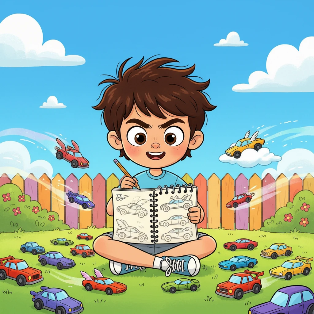 Young Flash Forward, a boy with bright, curious eyes and a wild mop of hair, sits in his backyard, sketching elaborate, swooshing cars on a notepad. Around him, toy cars of all shapes and sizes are scattered, some even flying on imaginary wings. He dreams of building the fastest, most fantastic vehicle the world has ever seen.
