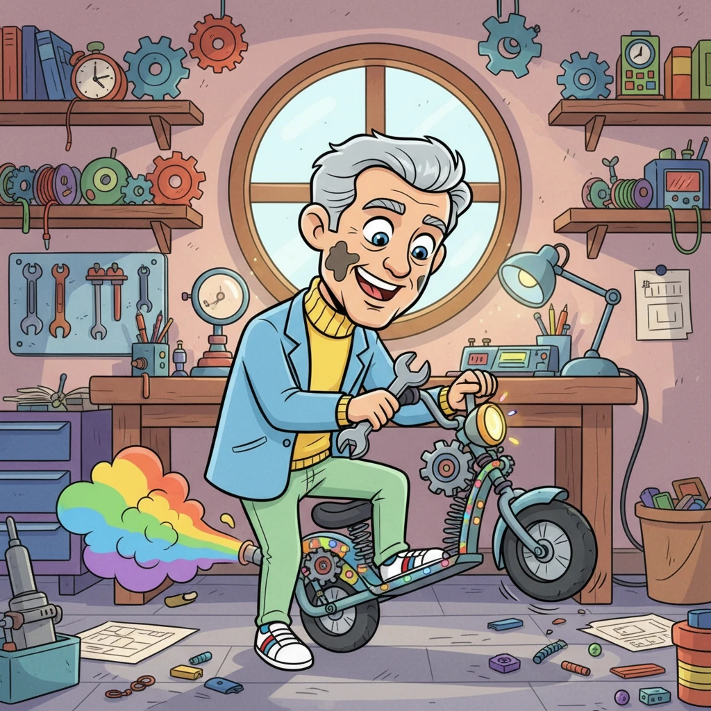 In a colorful, slightly messy workshop filled with springs, gears, and blinking lights, a slightly older Flash tinkers with a small, wheeled contraption. It's a wacky, three-wheeled scooter that puffs harmless, rainbow-colored smoke as it zips across the room. He grins, a smear of grease on his cheek, delighted by his first working invention.