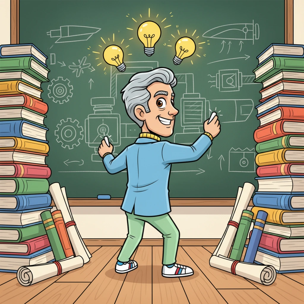 Flash, now a young man with a determined expression, is surrounded by stacks of books and blueprints. He's at a giant chalkboard, excitedly drawing complex engine diagrams and aerodynamic shapes, his mind buzzing with ideas. Lightbulbs literally pop up above his head, signifying his brilliant insights.