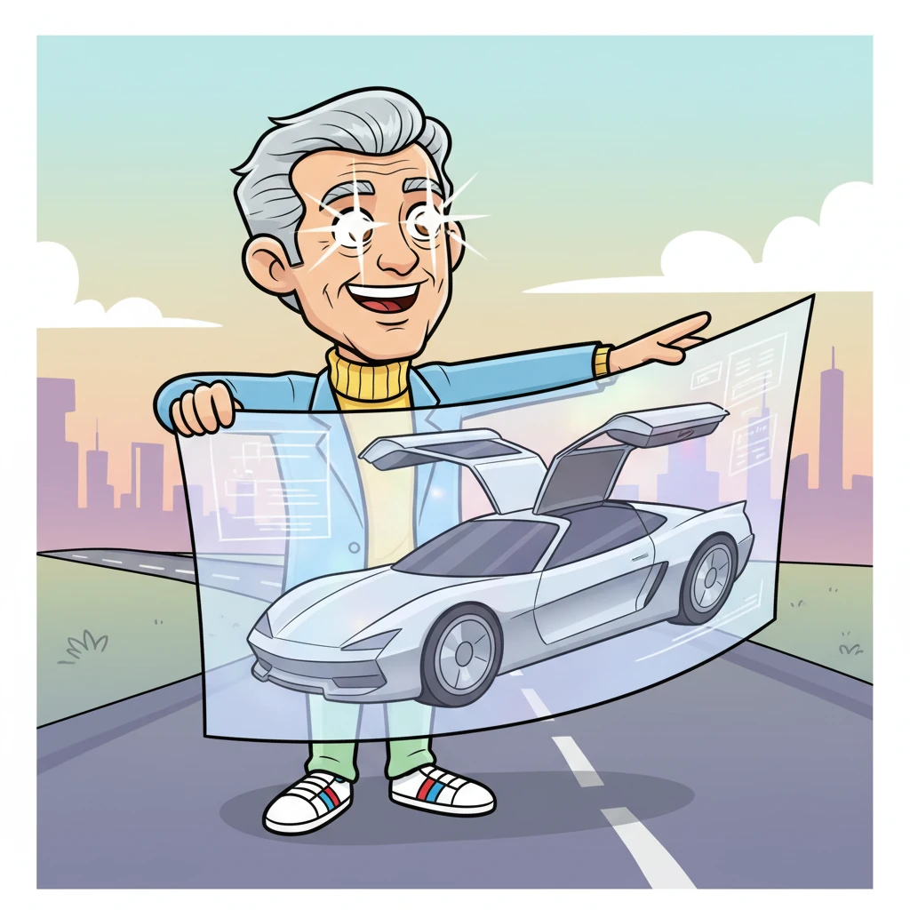 With a flourish, Flash unveils a large, shimmering blueprint of his dream car. It's a sleek, silver machine with gull-wing doors and a futuristic silhouette, unlike anything anyone has ever seen. His eyes sparkle with excitement, imagining it speeding down a road.