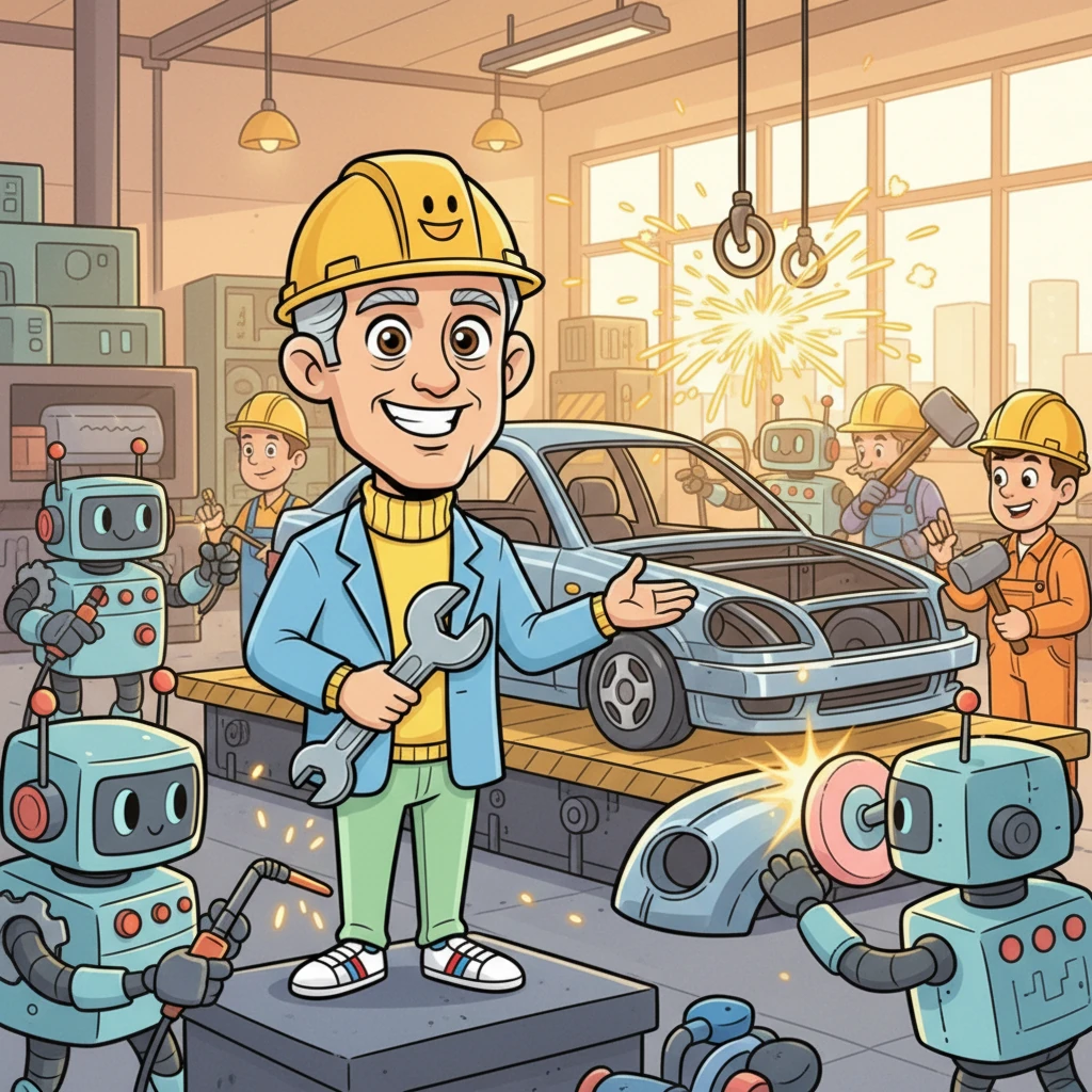 Flash, wearing a cheerful hard hat, is in a bustling, brightly lit factory, surrounded by friendly, cartoonish robots and busy workers. They are welding, hammering, and polishing pieces of the car, which slowly starts to take form. Sparks fly safely and playfully, adding to the energetic atmosphere.