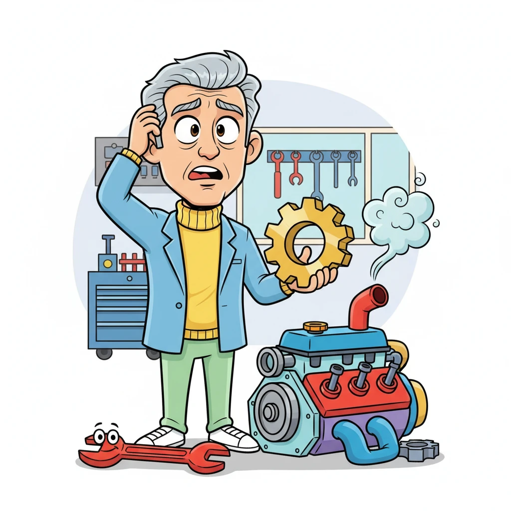 Flash looks a little worried but still determined, scratching his head as a stubborn gear refuses to fit into the car's engine. A friendly, oversized wrench lies nearby, and a comical puff of smoke comes from a small, misbehaving part. He takes a deep breath, ready to solve the puzzle.