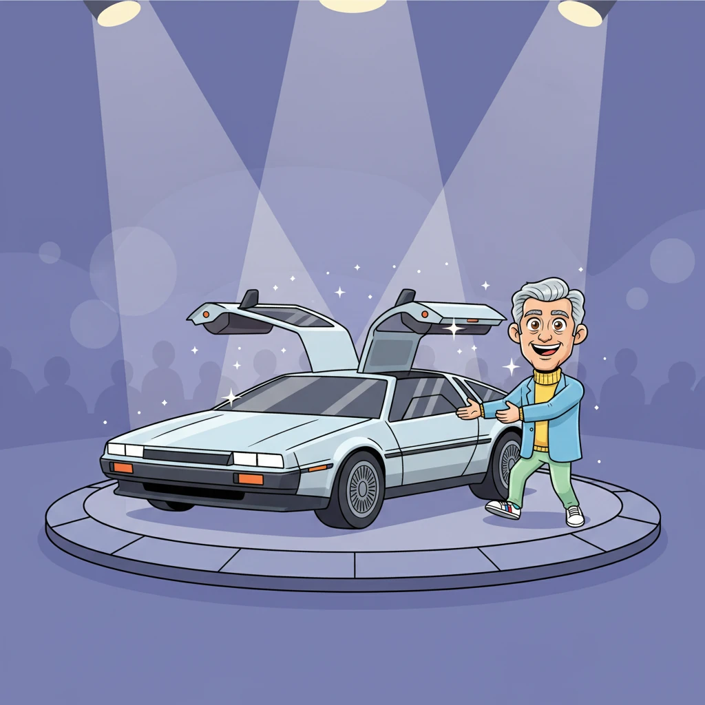 The magnificent car, gleaming silver with its distinctive gull-wing doors open like graceful wings, sits proudly on a rotating platform. Spotlights shine down, making it sparkle. Flash stands beside it, beaming with pride, his dream now a spectacular reality.