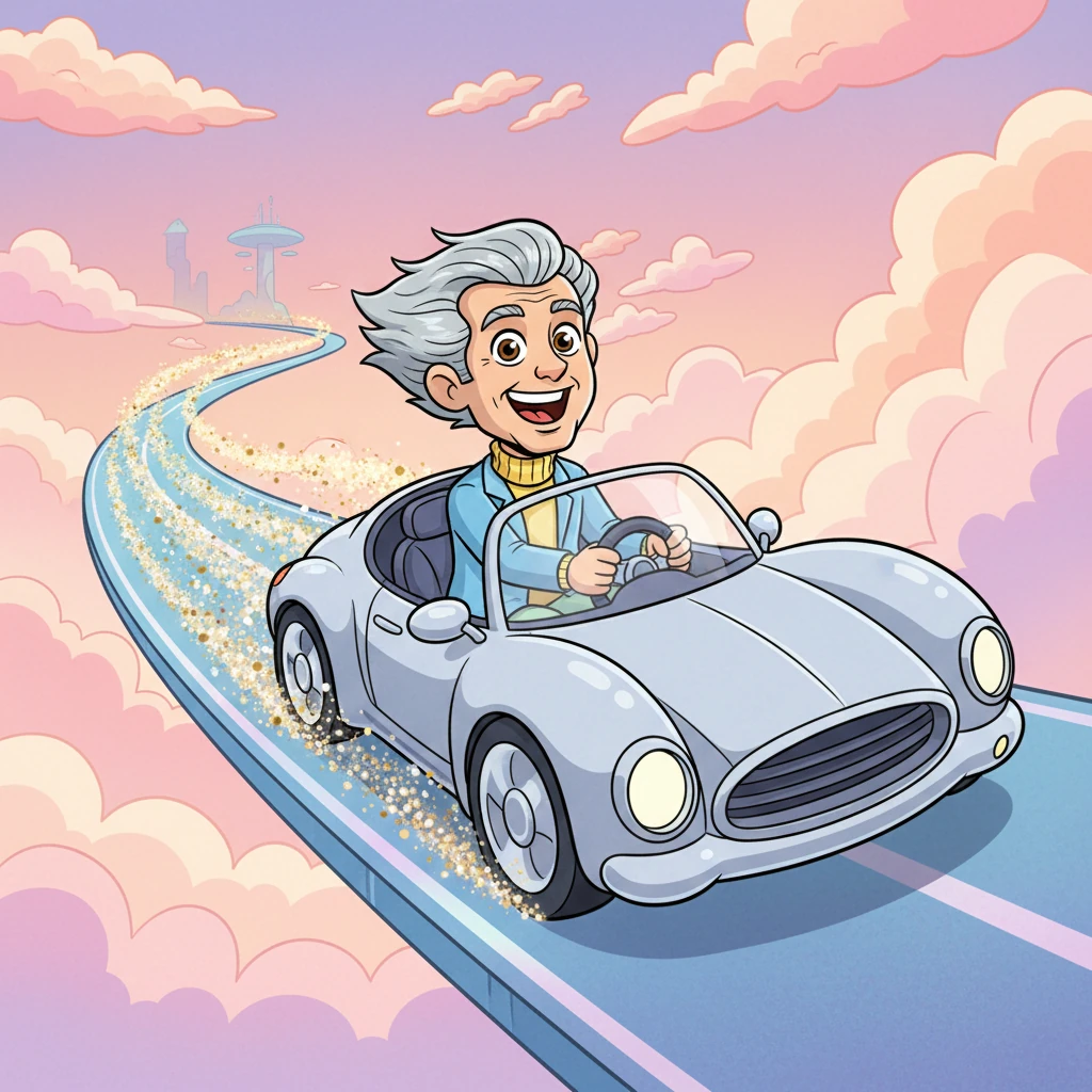Flash is seen driving his incredible car down a winding, futuristic road, leaving a trail of shimmering stardust behind him. The car moves with incredible speed and grace, its sleek design cutting through the air. His hair is swept back by the wind, and he has an exhilarated, joyful expression.