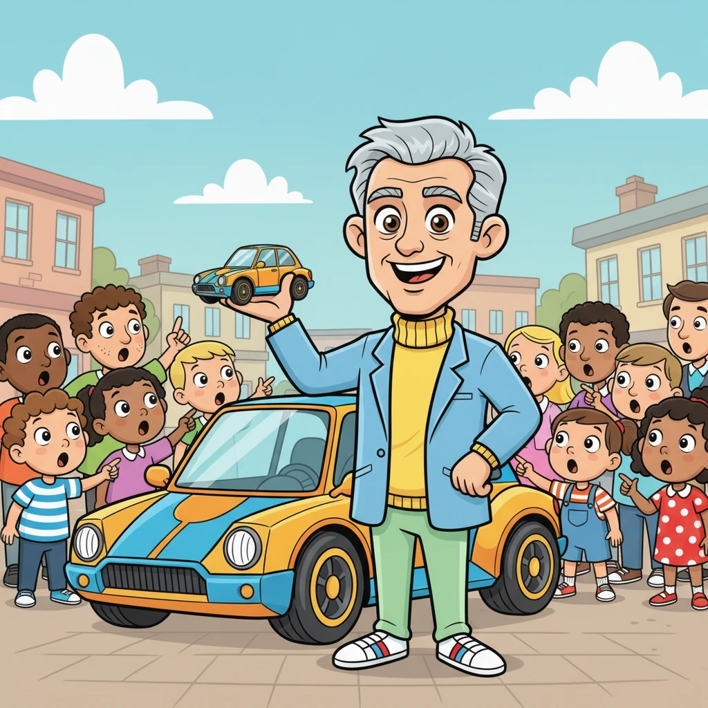 Children and adults with wide, amazed eyes gather around the car, pointing and gasping in wonder. Flash, with a warm smile, is explaining how he built it, holding a smaller, toy version of the car. He encourages everyone to dream big and never stop inventing.