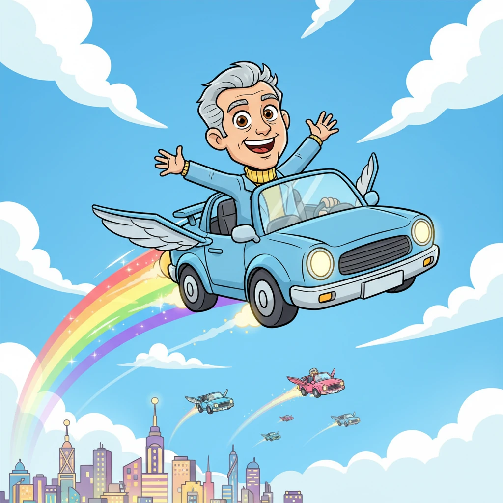 The iconic car is now soaring through the sky, not just on a road, but truly flying, leaving a rainbow trail. Below, a city skyline glows, and in the distance, a new generation of futuristic vehicles, inspired by Flash, can be seen. Flash's dream has not only come true but has also inspired countless others to reach for the stars.
