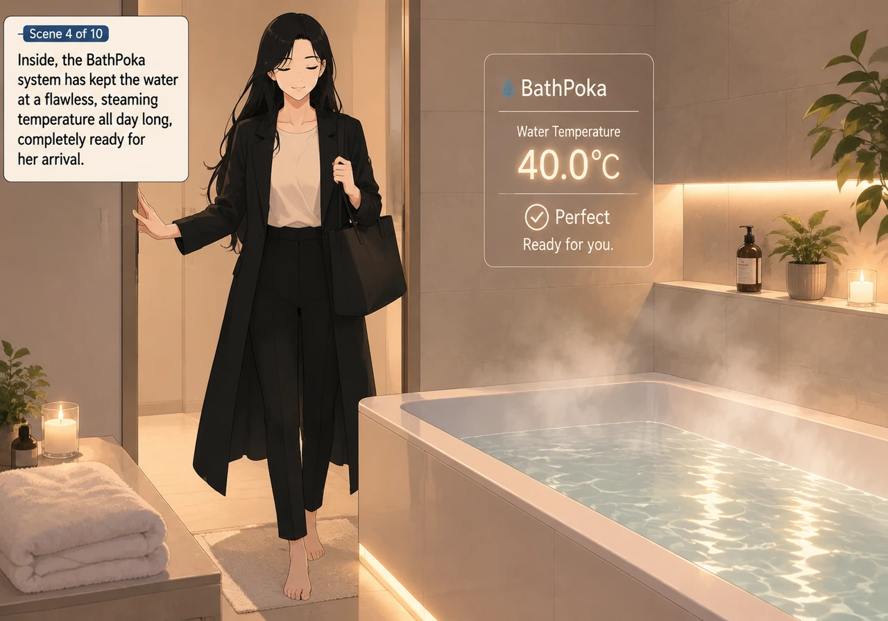 Inside, the BathPoka system has kept the water at a flawless, steaming temperature all day long, completely ready for her arrival. The inviting glow o