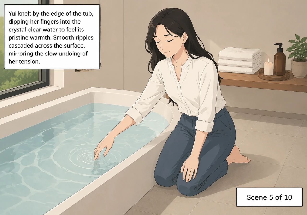 Yui kneels by the edge of the tub, dipping her fingers into the crystal-clear water to feel its pristine warmth. Smooth ripples cascade across the sur
