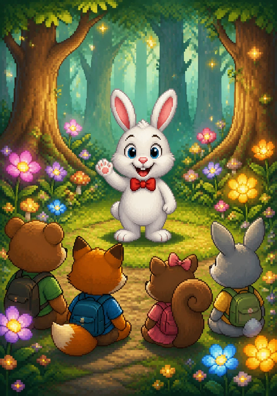 Barnaby the Bunny, a cheerful teacher with a fluffy white tail and a tiny red bowtie, stands in a vibrant, magical forest filled with glowing flowers and tall trees. He waves enthusiastically at the camera with a warm, welcoming smile, inviting children to join his learning adventure.
