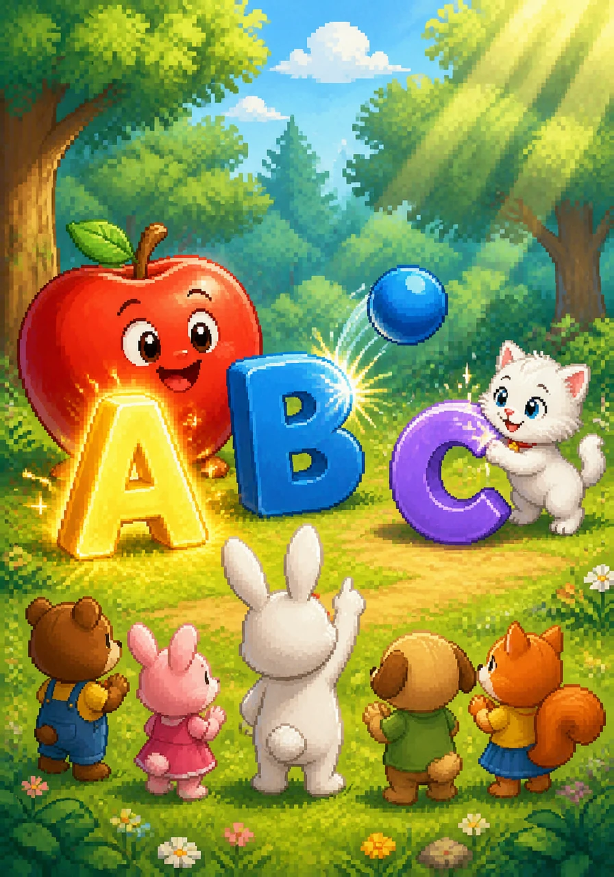 A giant red apple with a friendly face appears next to a bright, glowing letter A, followed by a bouncy blue ball hitting a large letter B. A fluffy white kitten paws at a sleek letter C, making the letters sparkle with every touch in the sunny forest clearing.