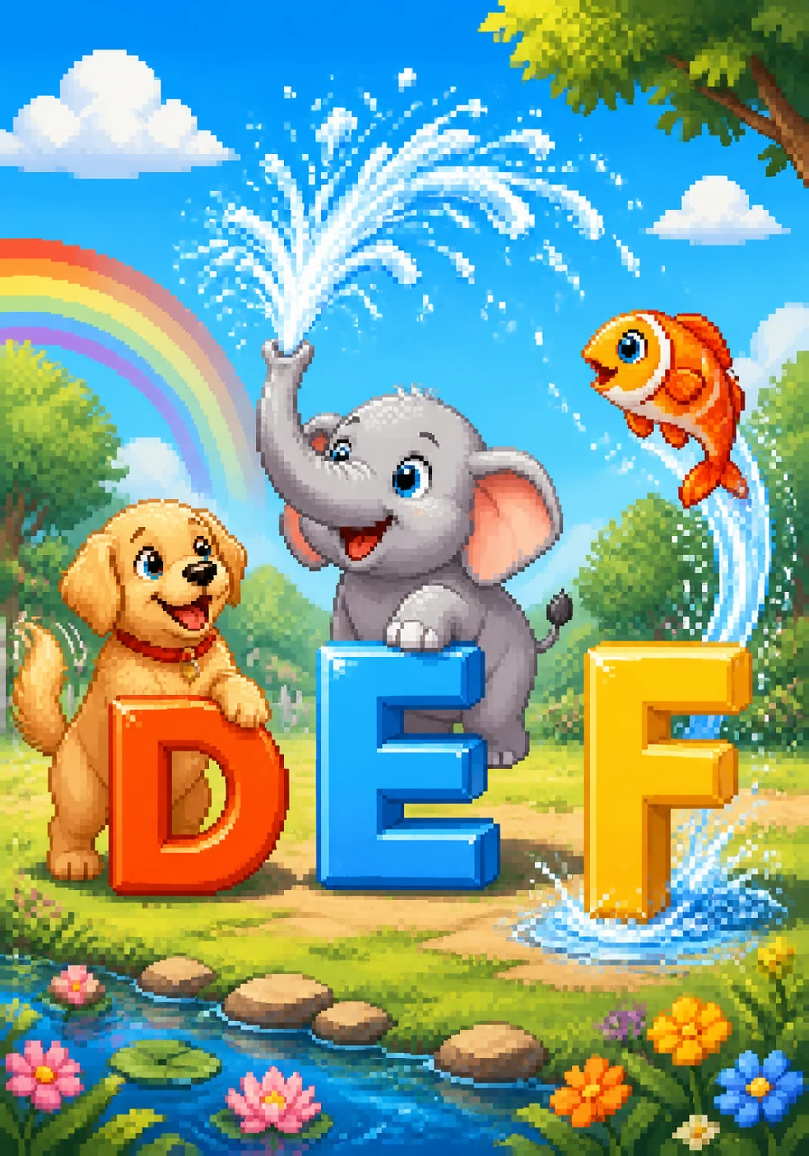 A friendly golden retriever wags its tail beside a bold letter D, while a playful baby elephant sprays a fountain of sparkling water over a large letter E. A colorful orange fish leaps through the air in a graceful arc next to a shimmering letter F.