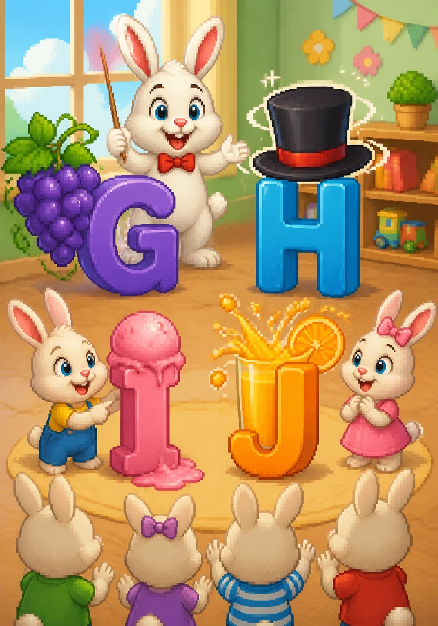 A cluster of juicy purple grapes hangs beside a letter G, and a tall top hat spins rapidly on top of a letter H. A scoop of strawberry ice cream melts slowly next to a letter I, while a glass of orange juice splashes joyfully beside a letter J.