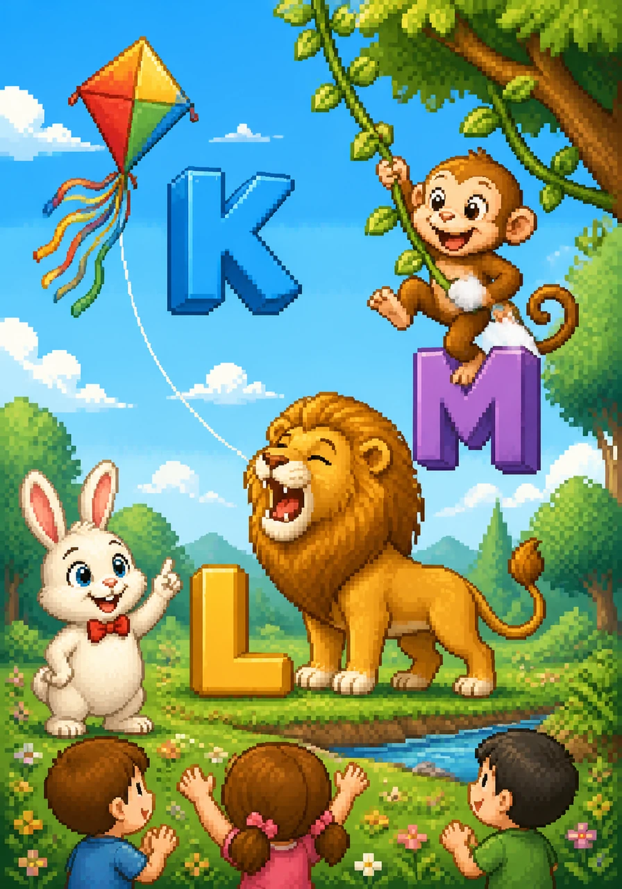 A diamond-shaped kite with long ribbons soars high in the sky next to a letter K, and a majestic lion with a golden mane roars softly beside a letter L. A cheeky monkey swings from a leafy vine over a letter M, giggling as he moves through the trees.