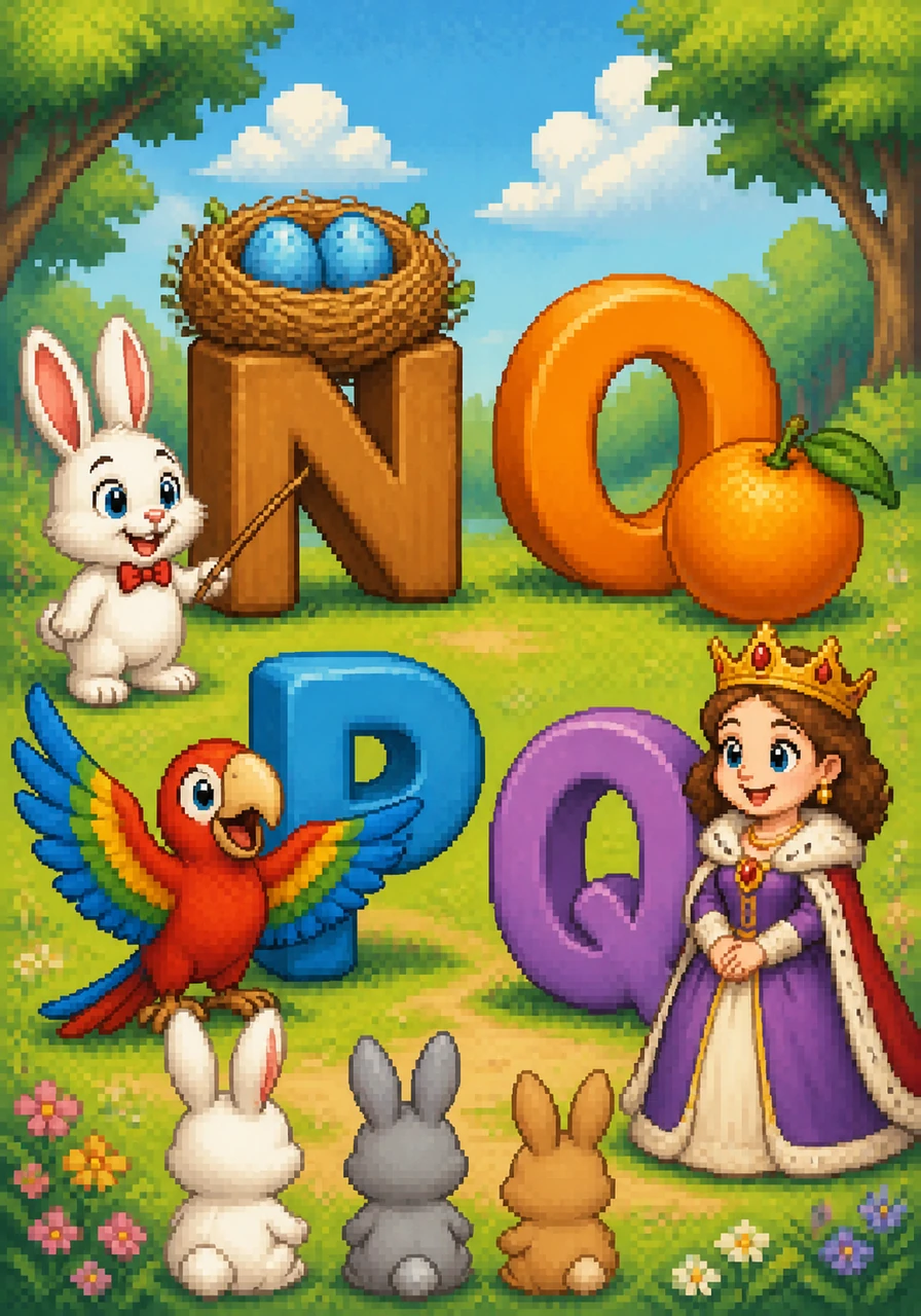 A cozy nest filled with three blue eggs rests atop a letter N, and a round, juicy orange sits beside a letter O. A vibrant parrot spreads its wings next to a letter P, while a regal queen wearing a sparkling crown stands proudly by a letter Q.