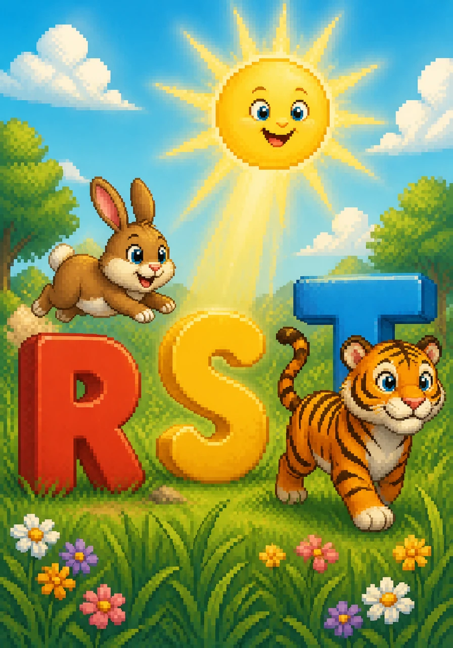 A brown rabbit hops energetically over a letter R, mimicking Barnaby’s movements, while a bright yellow sun shines its warm rays upon a letter S. A brave tiger with orange and black stripes walks gracefully beside a large letter T in the tall grass.