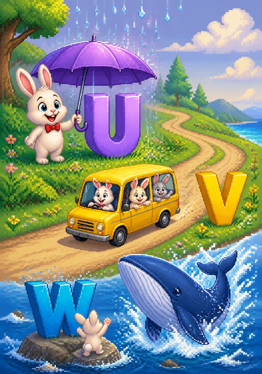 A purple umbrella opens wide to shield a letter U from gentle, sparkling rain, while a bright yellow van drives along a winding path next to a letter V. A massive blue whale breaches the ocean waves beside a letter W, creating a magnificent splash.