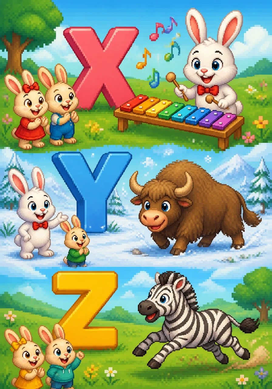 A colorful xylophone plays a musical tune next to a letter X, and a shaggy yak walks through a light dusting of snow beside a letter Y. A striped zebra gallops across the green grass next to a letter Z, completing the alphabet journey.