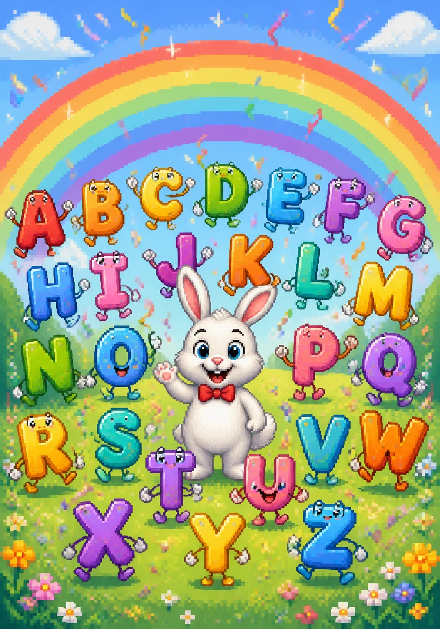 All twenty-six letters of the alphabet dance and twirl together in front of a giant, glowing rainbow that stretches across the sky. Barnaby the Bunny stands in the center, surrounded by falling confetti, waving goodbye and celebrating the children's success in learning their ABCs.