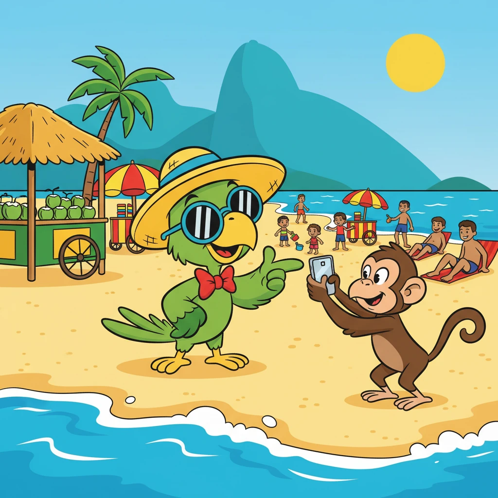 No Rio de Janeiro, Zé Carioca está na praia de Copacabana, observando um macaco com um iPhone tirando fotos. As ondas quebram suavemente e as pessoas se divertem na areia. Há um quiosque vendendo água de coco e um vendedor de picolés.
