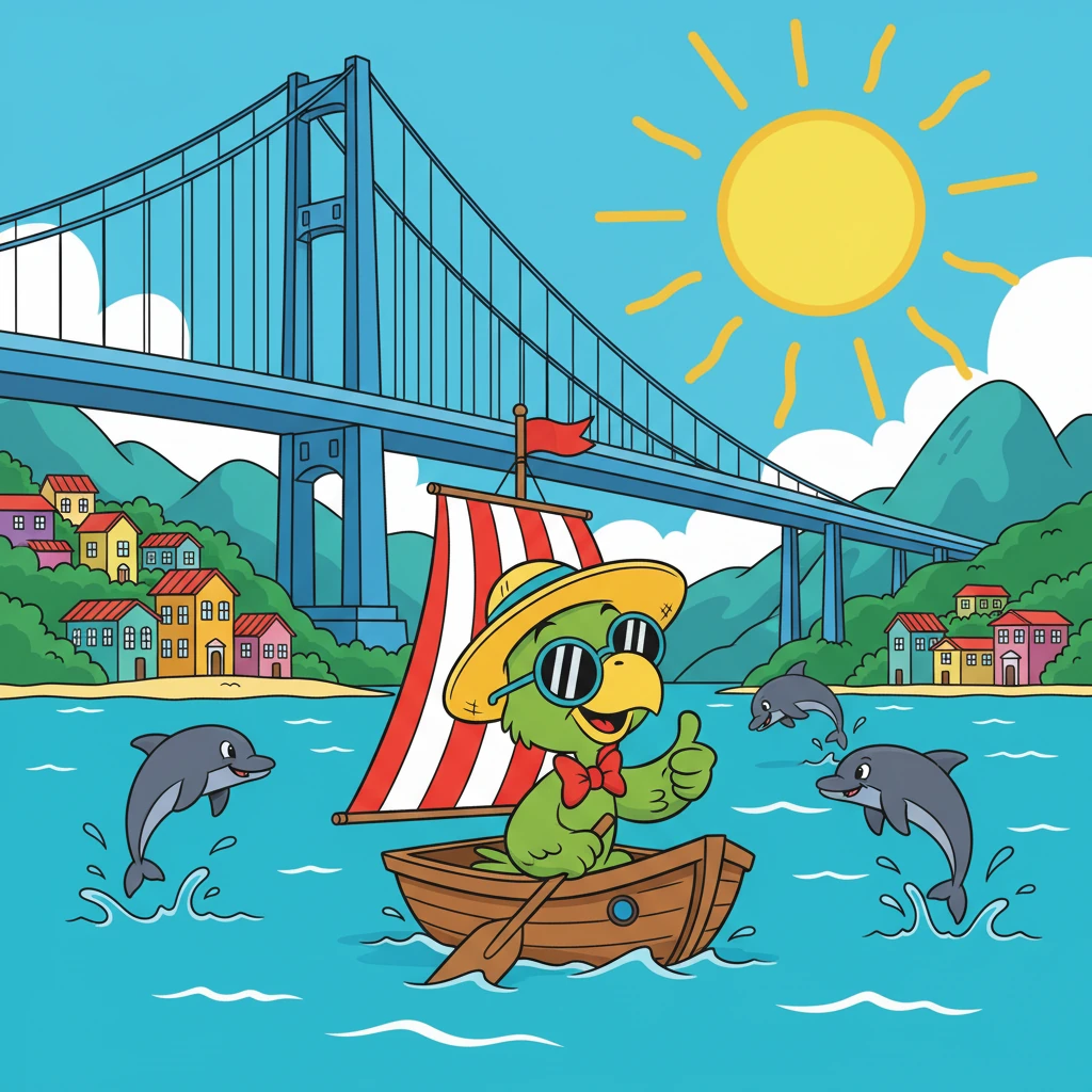 Em Florianópolis, Zé Carioca está andando de barco, admirando a paisagem. Ele vê a Ponte Hercílio Luz, as casas coloridas e as montanhas verdes. Os golfinhos saltam na água, e o sol brilha forte.