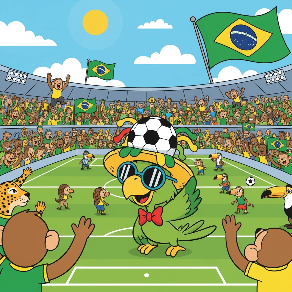 A cena seguinte mostra um campo de futebol vibrante, com Zé Carioca torcendo com um chapéu de torcedor. A torcida está em festa, e o jogo está emocionante. As bandeiras do Brasil tremulam ao vento.