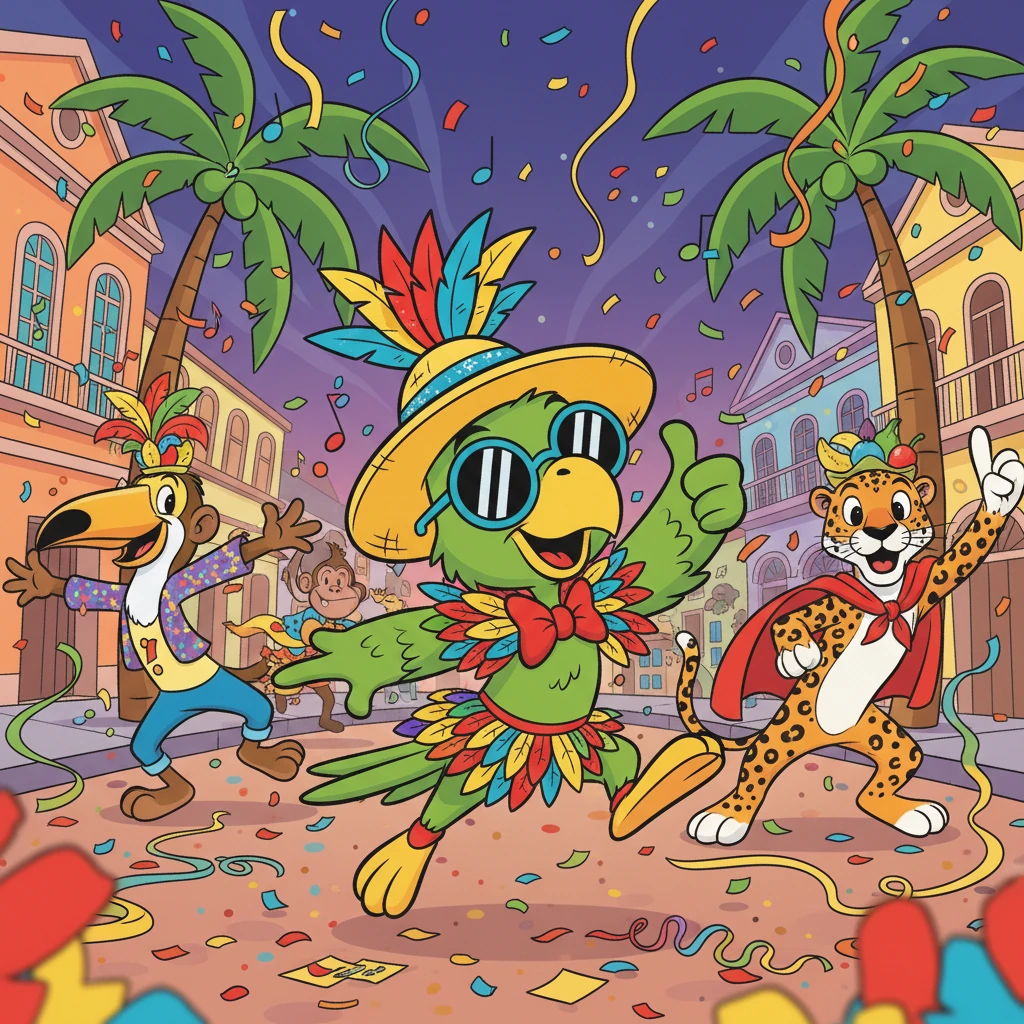 A festa continua no carnaval! Zé Carioca dança com outros personagens, todos fantasiados e felizes. Confetes e serpentinas voam por toda parte, e a música contagia. O ritmo frenético encanta a todos.