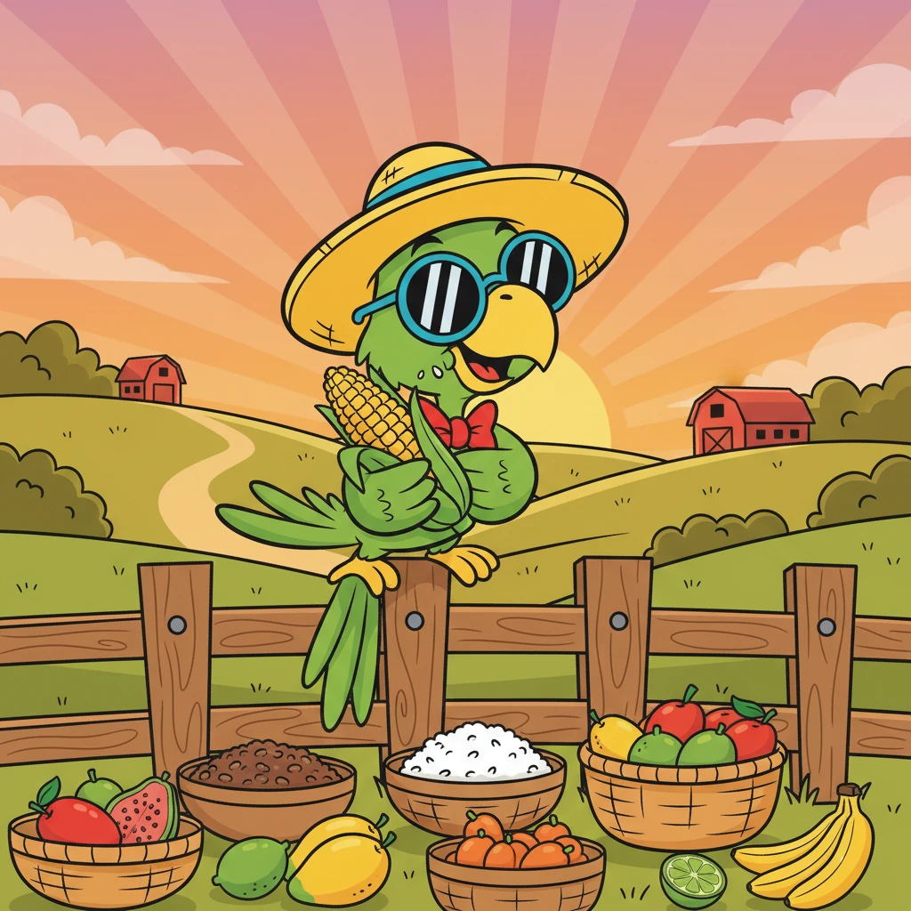 Para finalizar, Zé Carioca está em uma fazenda, apreciando uma espiga de milho. Ele está cercado por outros alimentos típicos brasileiros, como feijão, arroz e frutas tropicais. O sol se põe, e o dia termina com a promessa de mais aventuras.