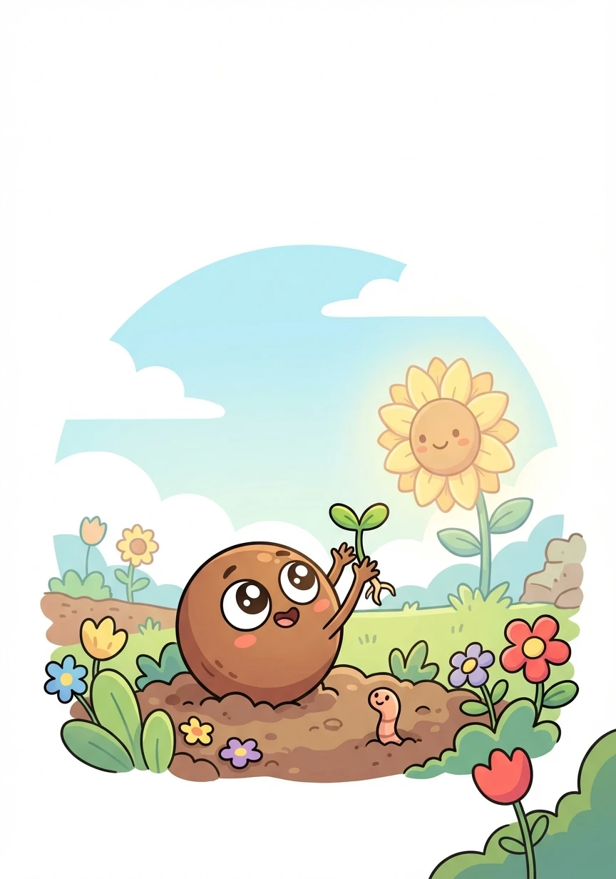 In a cozy corner of a garden, lived a tiny seed named Pip. Pip wasn't like the other seeds; he dreamed of growing into the tallest sunflower in the whole wide world.