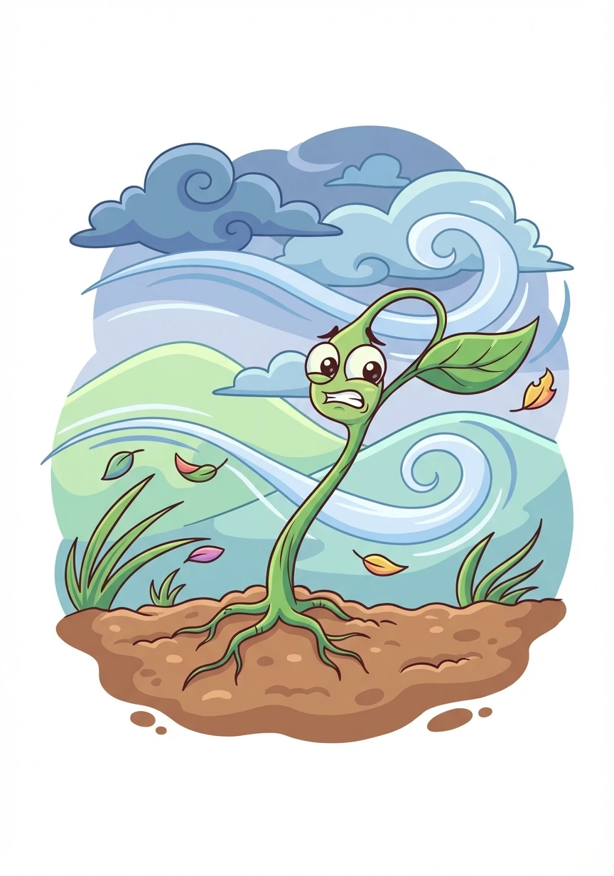 Pip clung tightly to the earth, his little stem swaying in the wind. He was scared, but he remembered the ladybug's words and held on with all his might.