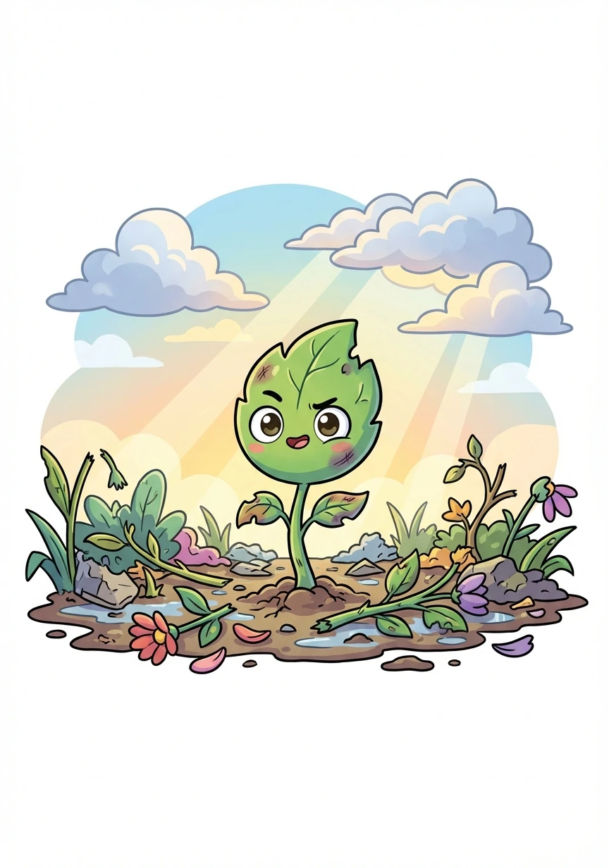 When the storm finally passed, the garden was a mess. Many plants were broken and scattered, but Pip stood tall, bruised but not broken.