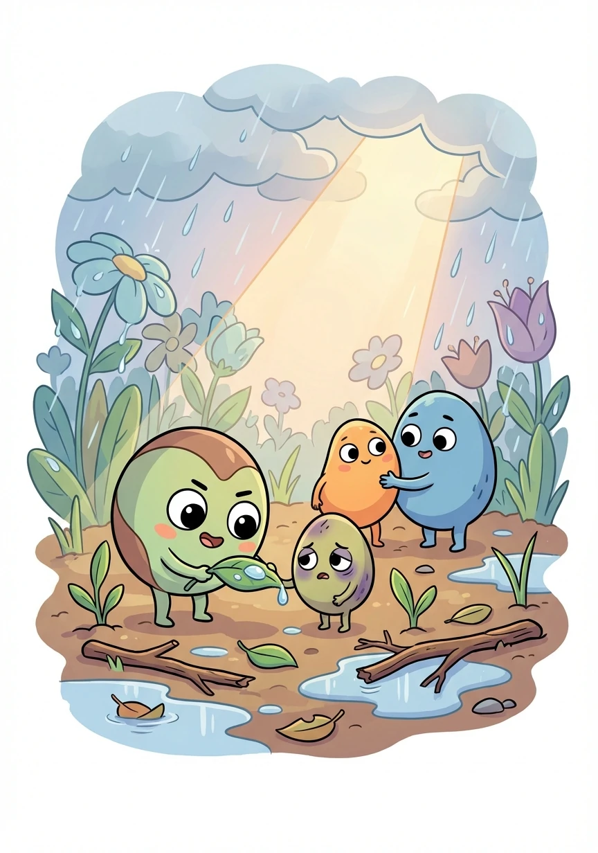 Together, the seeds helped each other recover from the storm. They shared sunlight and water, supporting each other's growth.