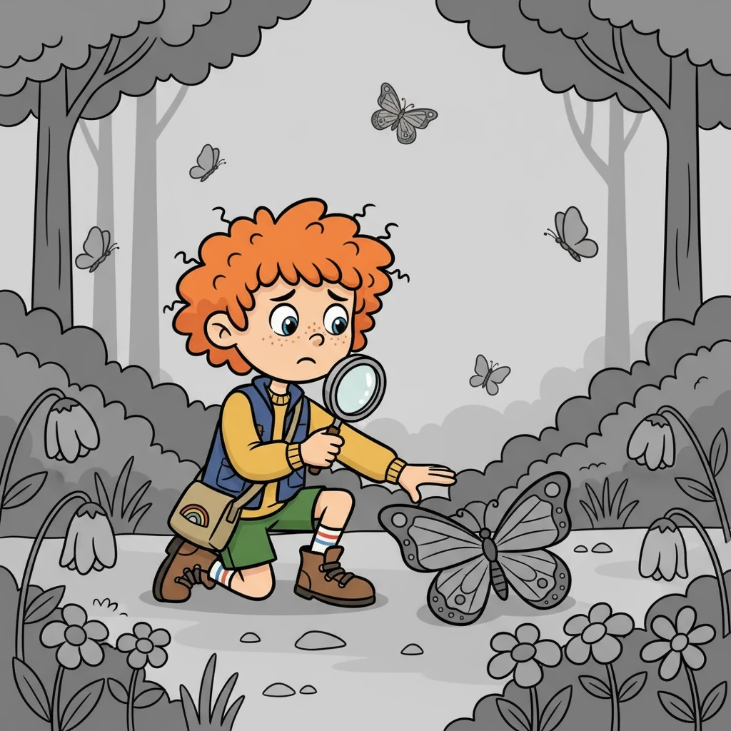 One morning, a strange silence fell. Pip awoke to find his fur a dull grey. The forest was colourless; the butterflies' wings were plain, and the flowers were faded.