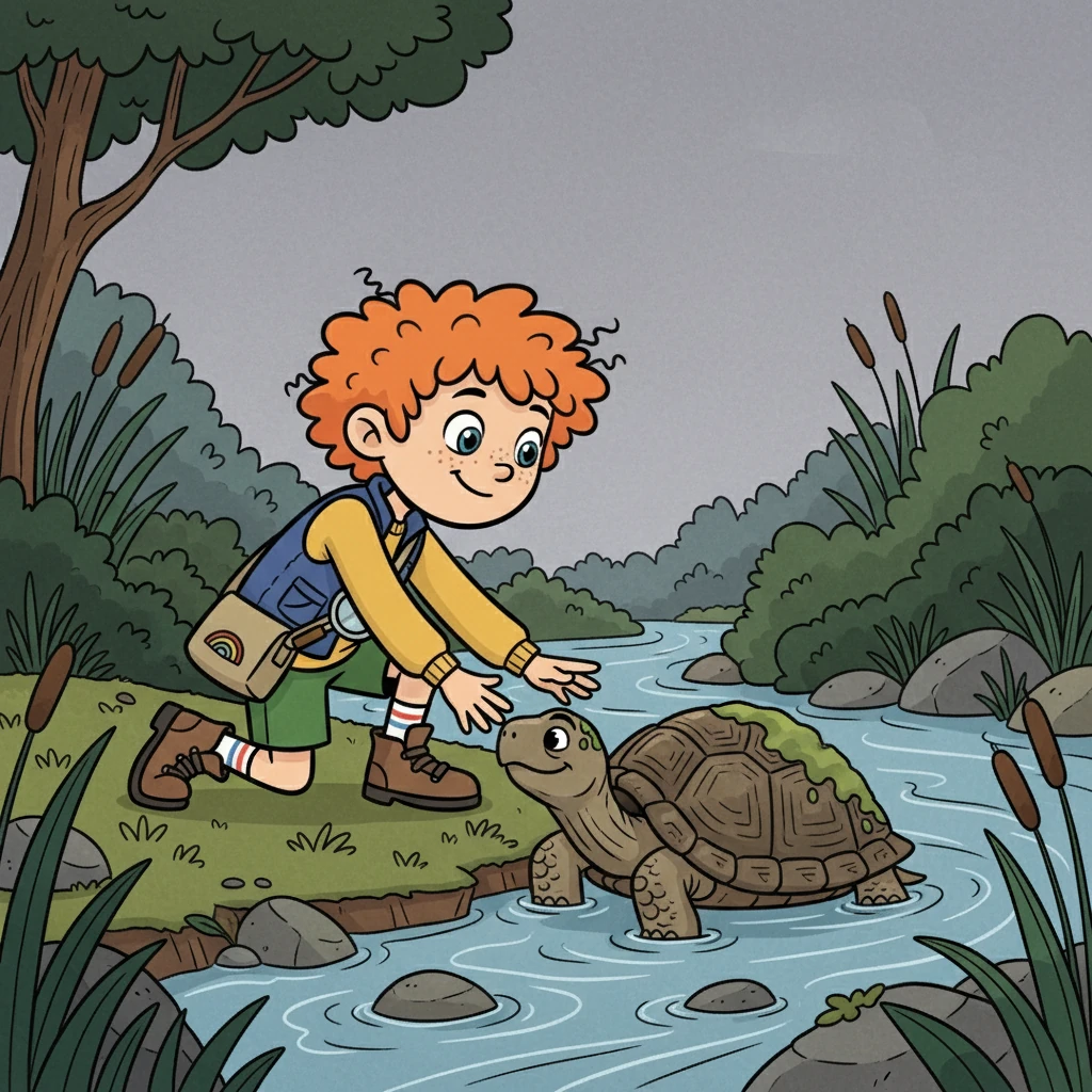 They found Shelly, a wise old turtle, by the Whispering River. Shelly, whose shell was now a muddy brown, knew the colours were hidden by a mischievous shadow spirit.