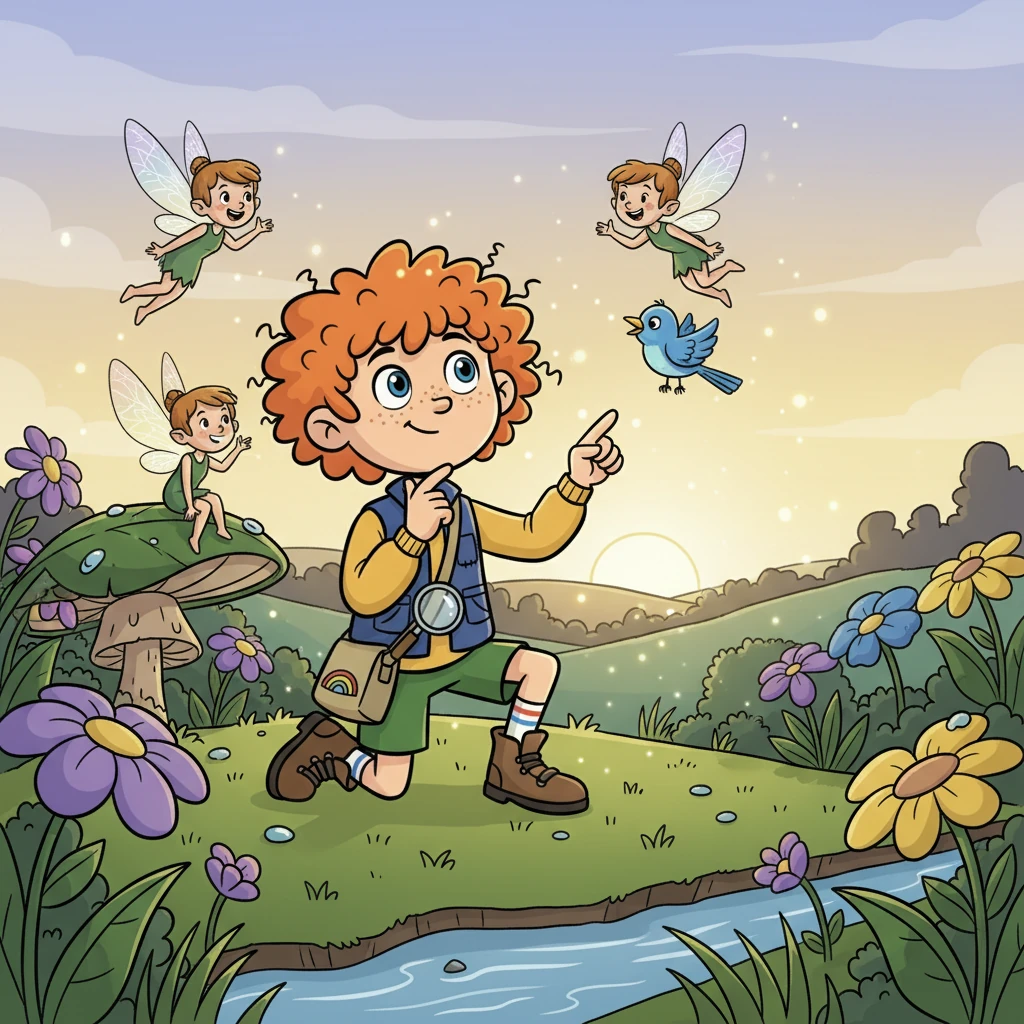 The friends journeyed through the Sunken Meadow, where they met giggling pixies who gave them a riddle: “Where does the sun go to sleep?” Pip, Lumi, and Shelly pondered the question.