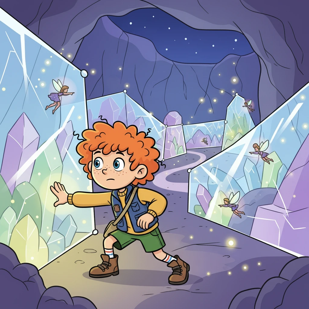 Lumi, remembering the fireflies' nightly dance, realised the sun's sleep was in the night sky. They followed the pixies' clue to the Crystal Caves, where they faced a shimmering maze.
