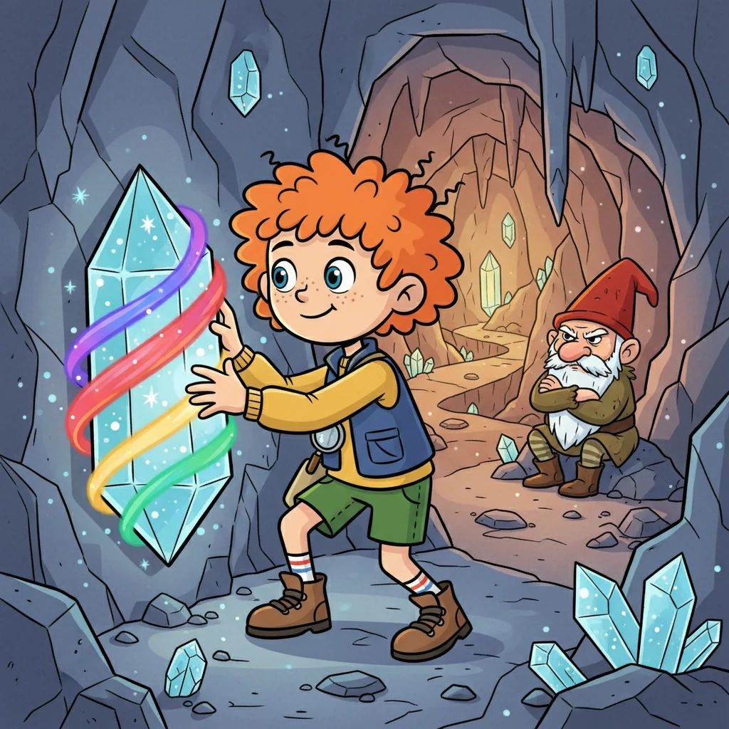 In the Crystal Caves, they found a glowing crystal. Shelly, with her steady nature, carefully navigated the maze. The crystal pulsed with the missing colours, but was guarded by a grumpy gnome.