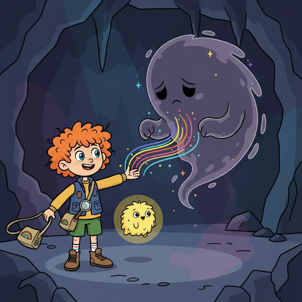 The clue led them to the Shadow Spirit's lair, a dark and gloomy place. They discovered the spirit was lonely and wanted the colours to play with. Pip, Lumi, and Shelly offered friendship.