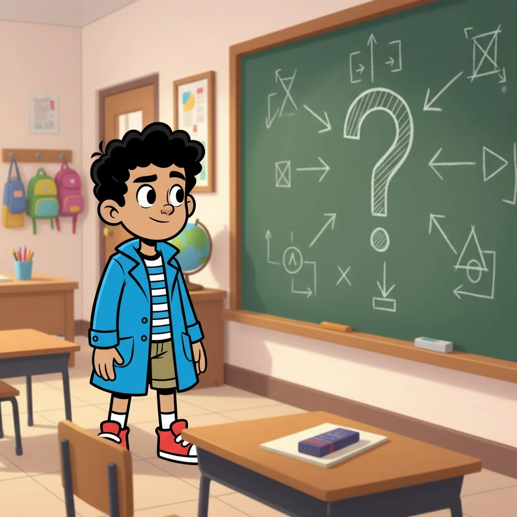 Shabaz, anak laki-laki tinggi dan cerdas, sedang memperhatikan papan tulis. Di sana, tertulis sebuah pesan misterius dari Bu Fatma, guru mereka yang tiba-tiba menghilang. Pesan itu adalah sebuah kode yang harus dipecahkan.