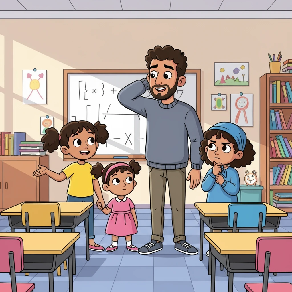 Baba, dengan senyum manisnya, menggaruk-garuk kepala, kebingungan. Maryam, dengan kerudungnya, tampak berpikir keras, sementara Aisyah yang manja memegangi tangan Zahra yang energik. Mereka semua berkumpul di kelas, penasaran dengan kode tersebut.